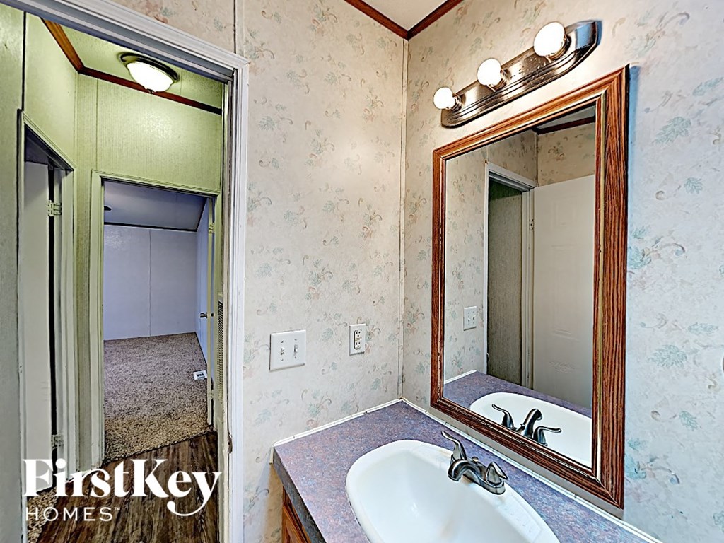 a bathroom with a sink and a mirror