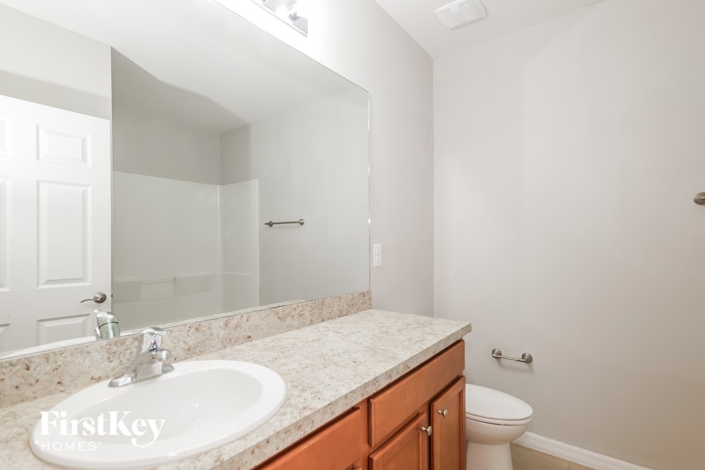 A bathroom with a sink, toilet, and mirror.