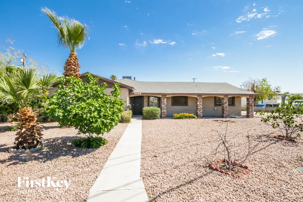 a house with a yard and a palm tree