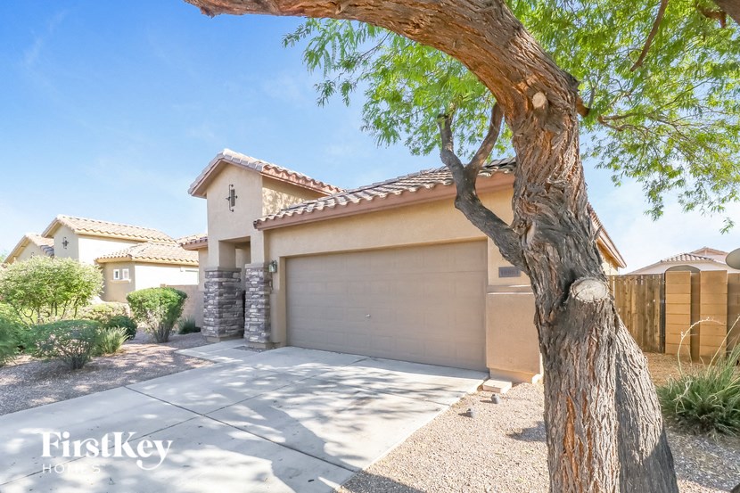 a tree in front of a house with a garage door