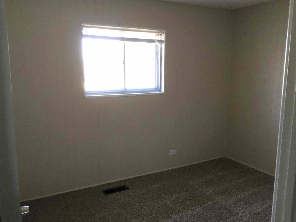 A room with a window and a carpeted floor.