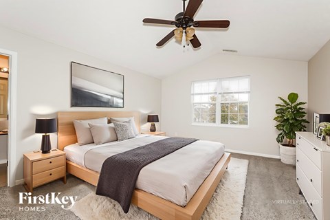 A bedroom with a large bed, a ceiling fan, and a potted plant.