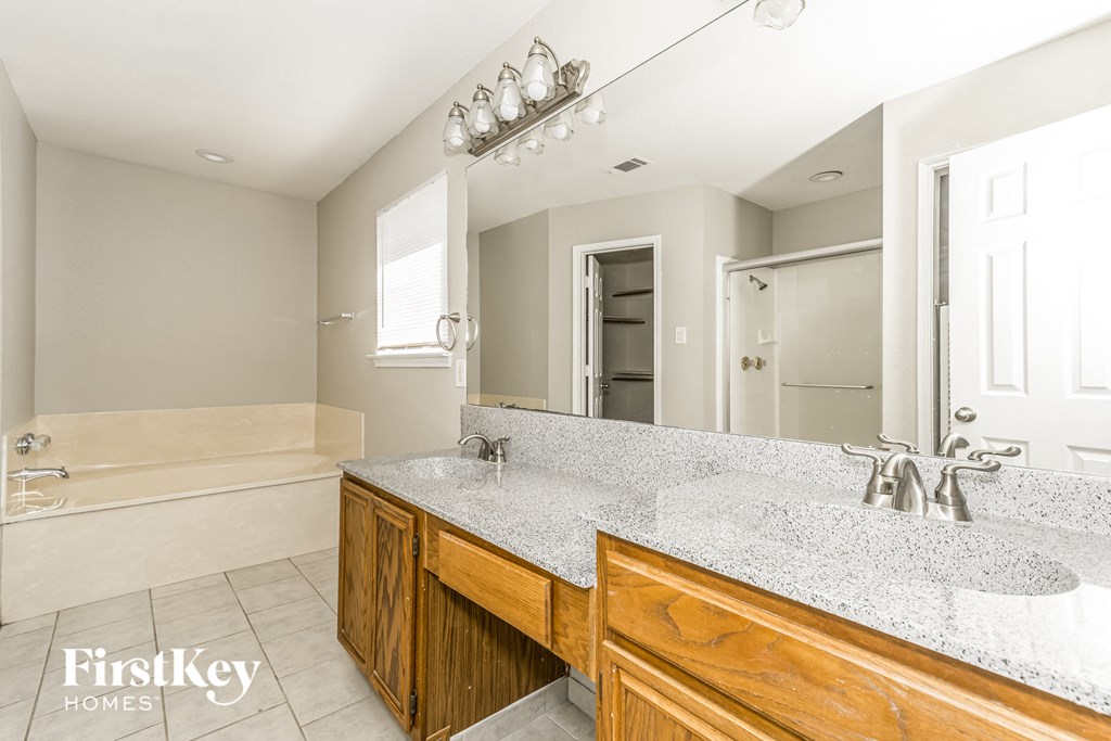 a bathroom with a sink and a tub and a mirror