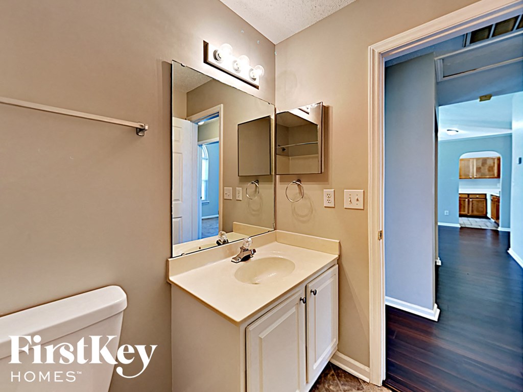 a bathroom with a sink and a mirror and a toilet