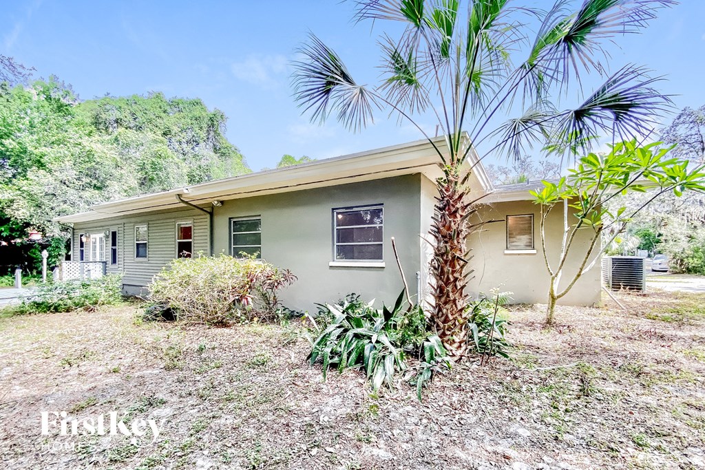 a small house with a palm tree in front of it