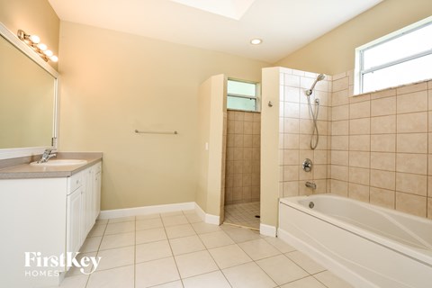 a bathroom with a tub and a sink and a shower