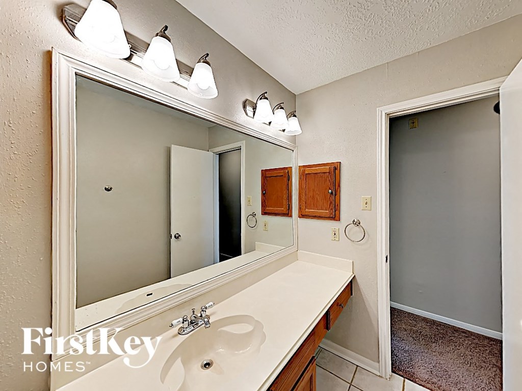 a bathroom with a sink and a large mirror