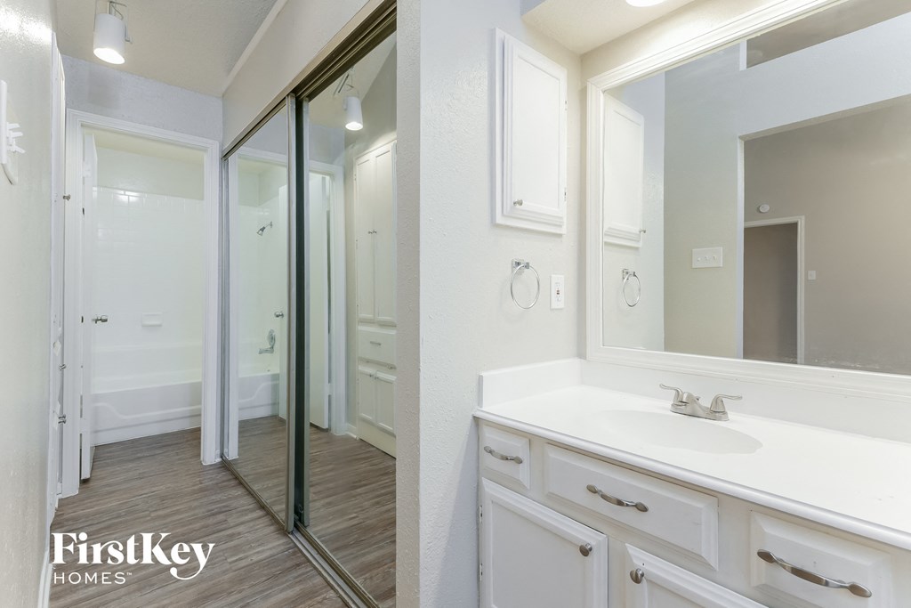 a bathroom with a sink and a mirror and a shower