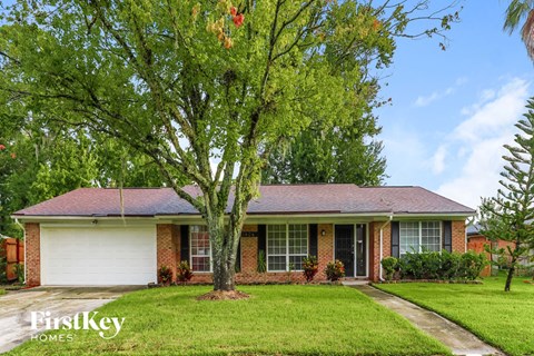 a home with a large tree in the front yard