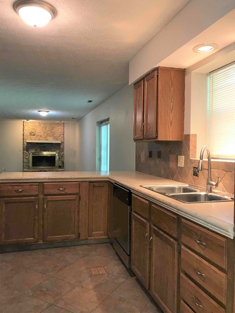 a kitchen with wooden cabinets and a sink