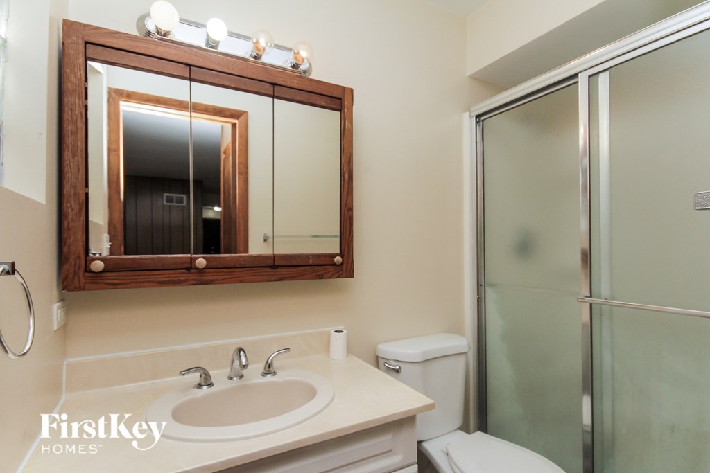 A bathroom with a mirror, sink, toilet and shower.