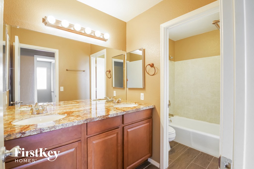 a bathroom with a sink and a mirror and a tub