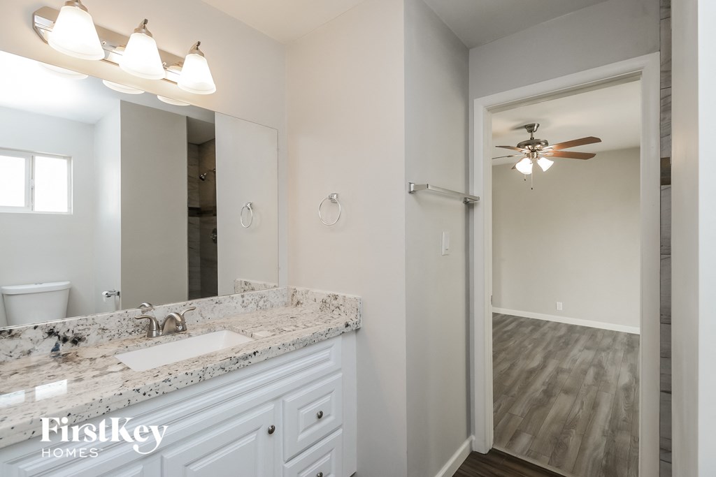 a bathroom with a sink and a mirror and a shower