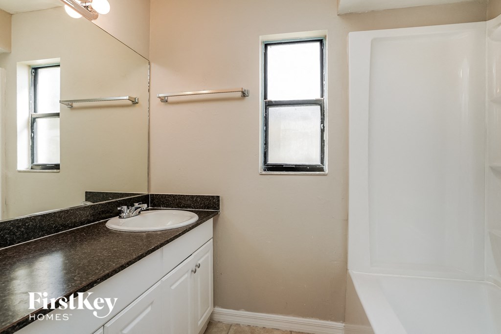 a bathroom with a sink and a mirror and a shower