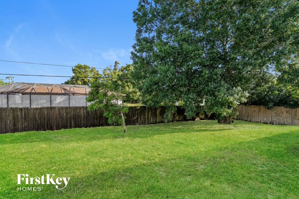 A lush green lawn with a fence and trees in the background.