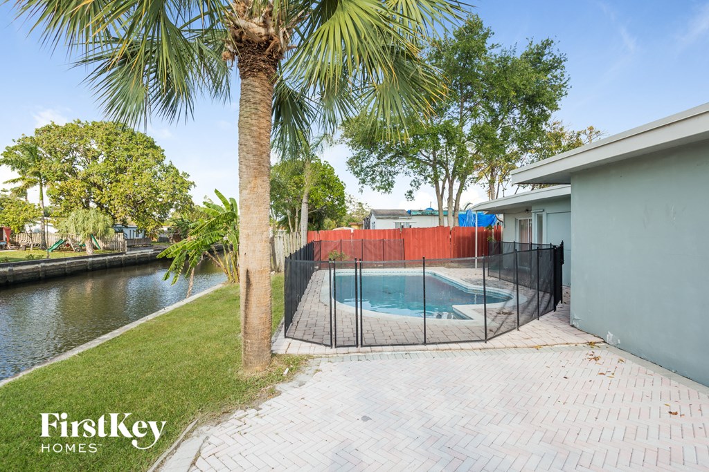 a backyard with a pool and a fence and a palm tree