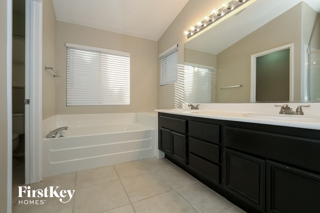 a bathroom with a tub and a sink and a mirror