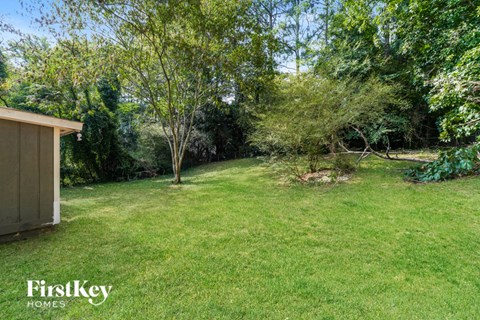 a backyard with a shed and some trees