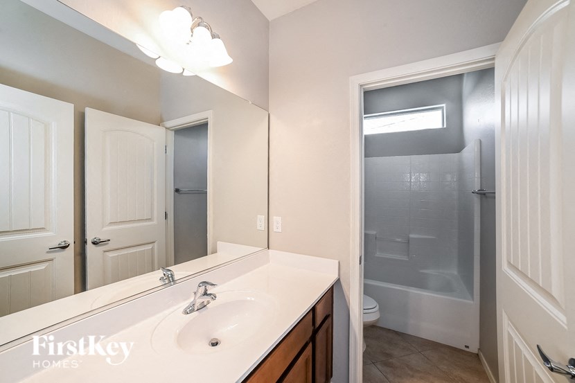 a bathroom with a sink and a shower and a mirror