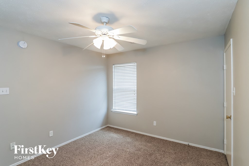 A room with a carpet floor, a ceiling fan, and a window with blinds.