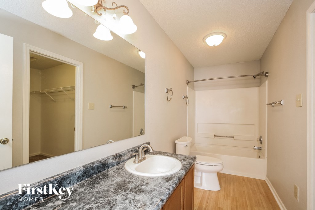 a bathroom with a sink and a toilet and a mirror