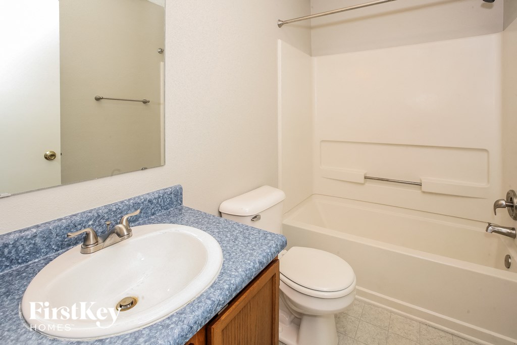 a bathroom with a sink and a toilet and a bath tub