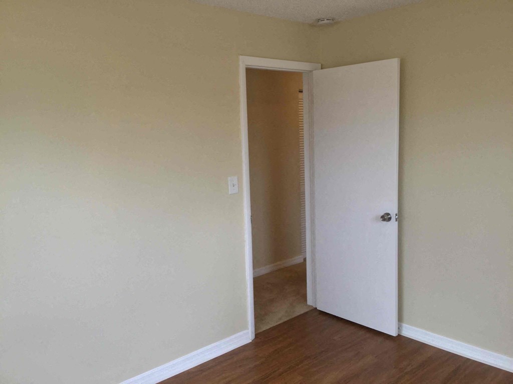an empty room with a door open to a closet