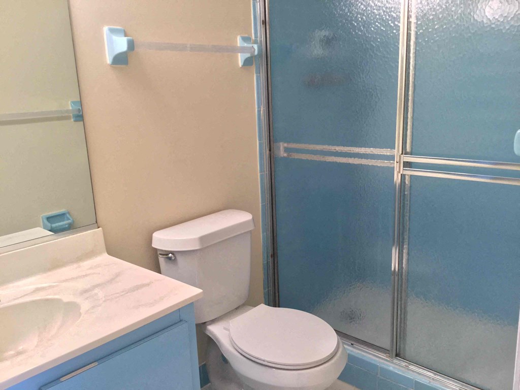 a bathroom with a toilet and a shower