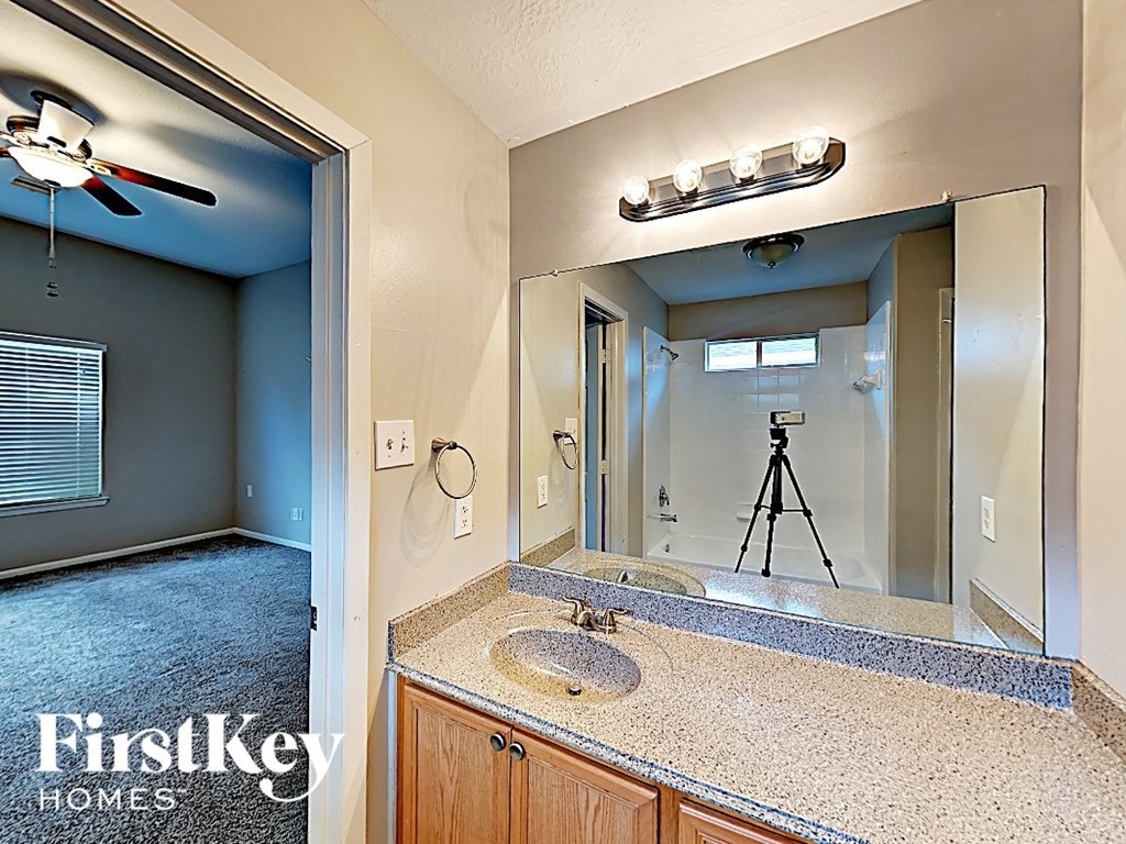 a bathroom with a sink and a large mirror