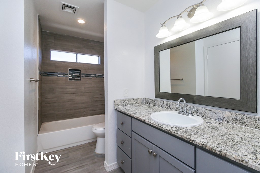 a bathroom with a sink and a mirror and a shower and a toilet