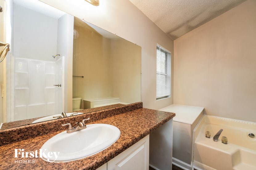 a bathroom with a sink and a large mirror