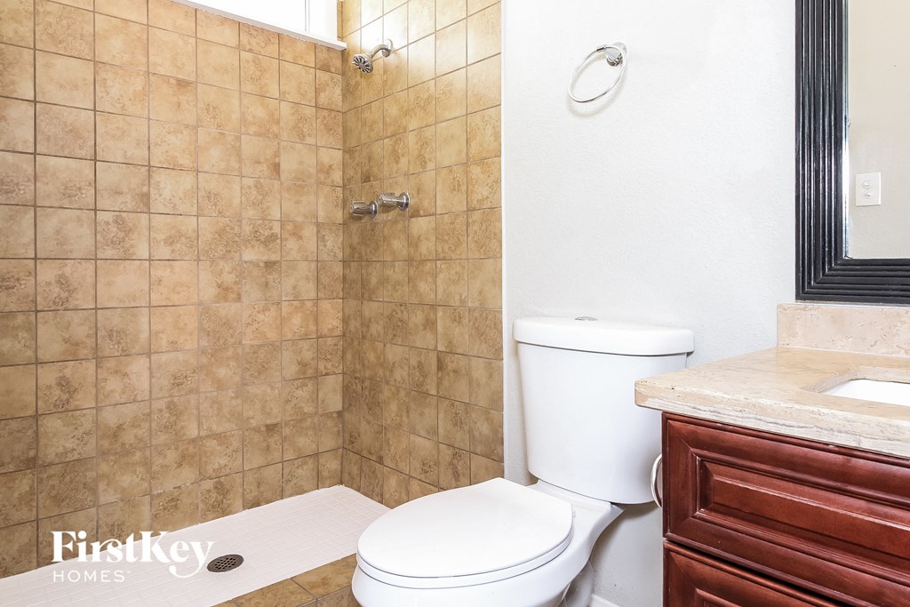 a bathroom with a shower toilet and a sink