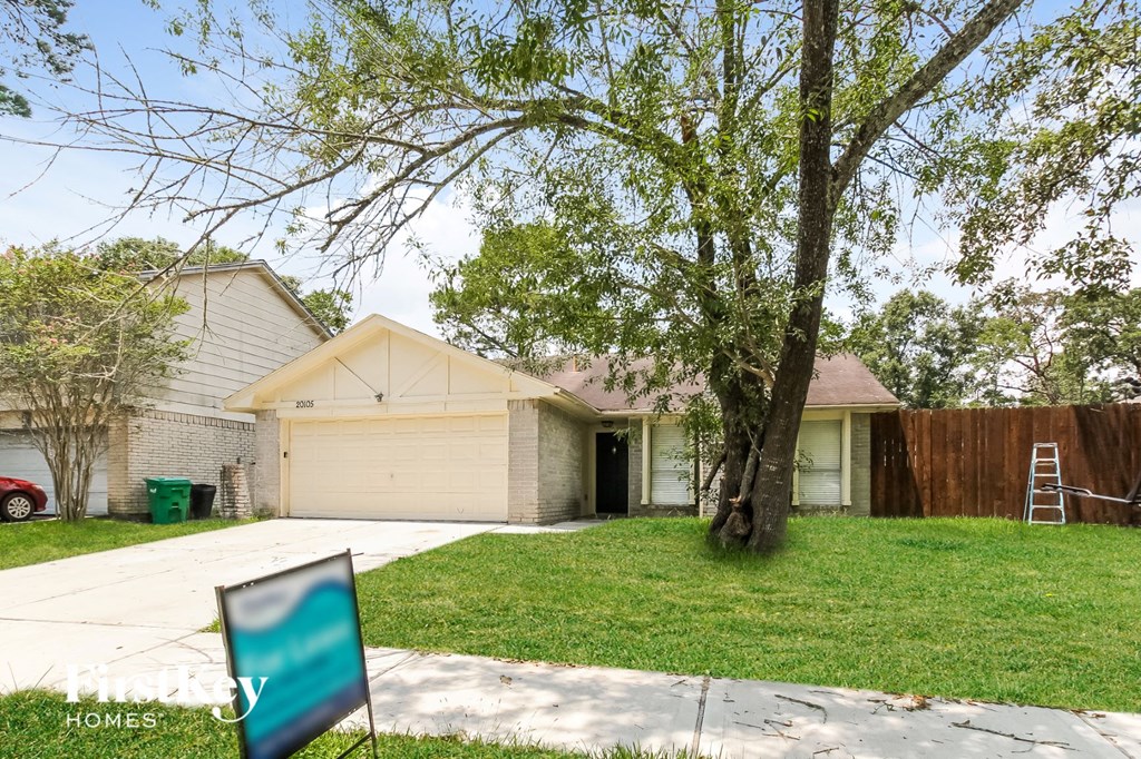 a house with a ladder in the yard and a tree