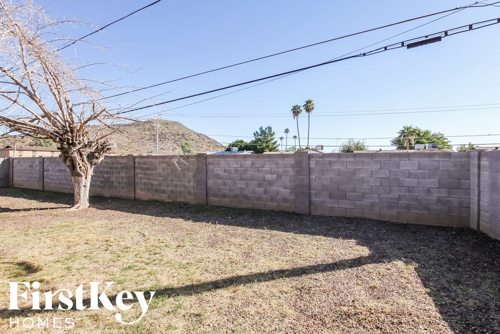 a backyard with a retaining wall and a tree