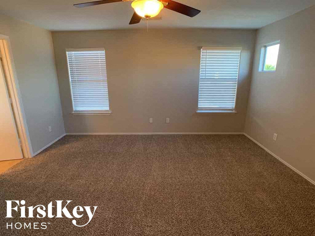 A room with a carpet floor and a ceiling fan.