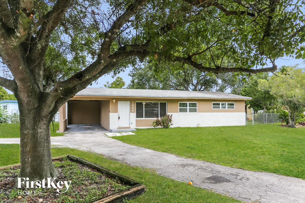 a white and tan house with a tree in the yard