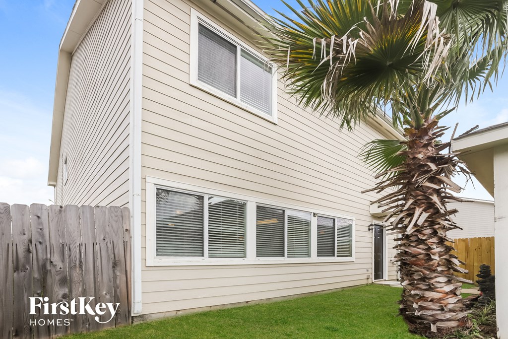 the side of a house with a palm tree in the yard