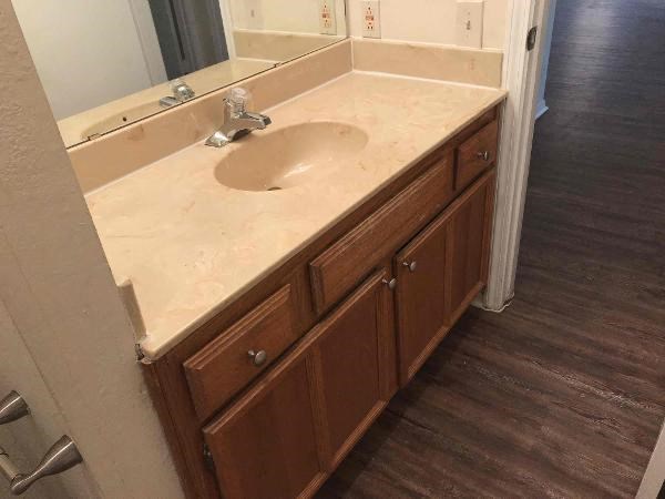 a bathroom with a sink and a mirror