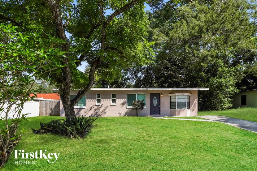 a small house with a yard and a tree