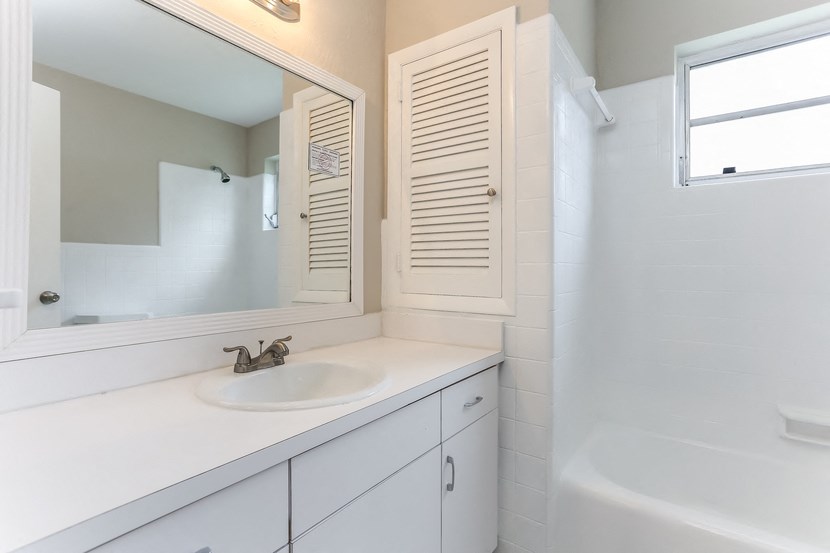 a bathroom with a sink and a mirror and a tub