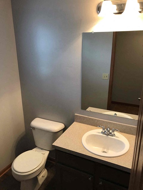 a bathroom with a sink toilet and a mirror