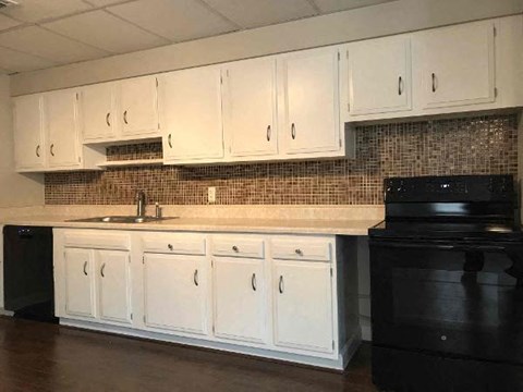 A kitchen with white cabinets and a black dishwasher.