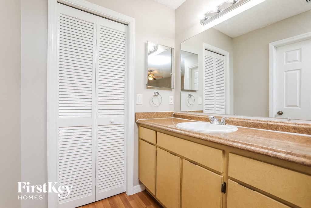 a bathroom with a sink and a mirror and a closet