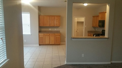 A kitchen with wooden cabinets and a countertop.