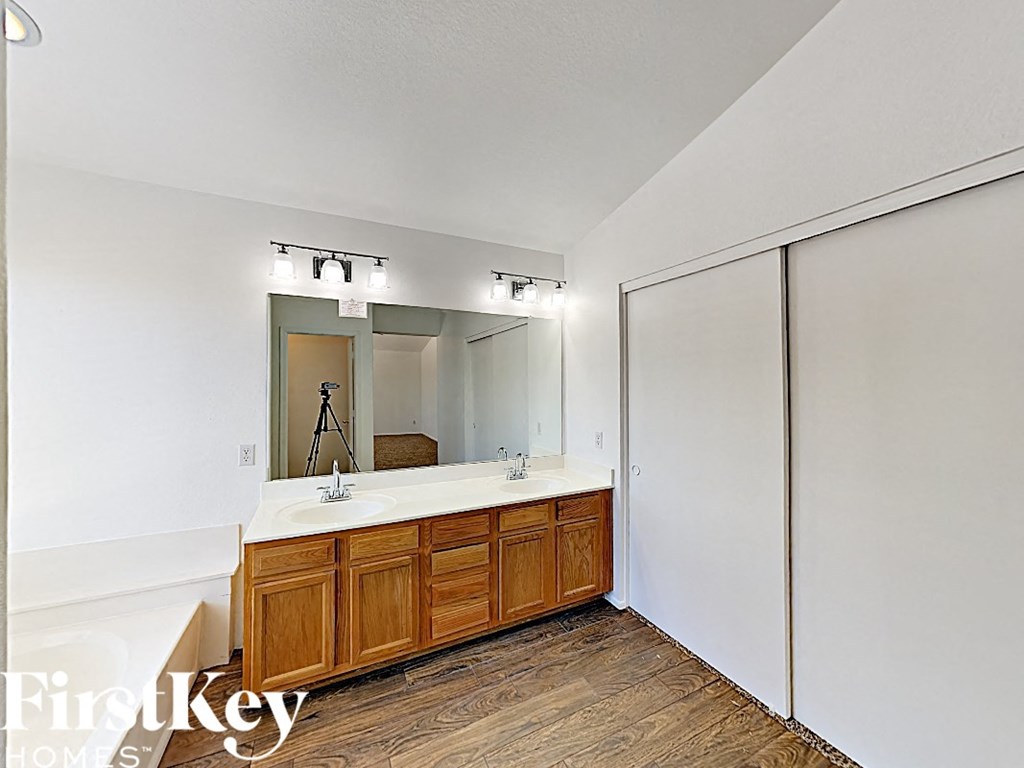 a bathroom with a sink and a mirror and a shower