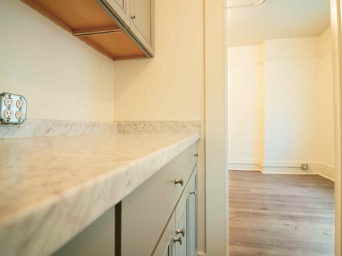 A kitchen with a marble countertop and grey cabinets.