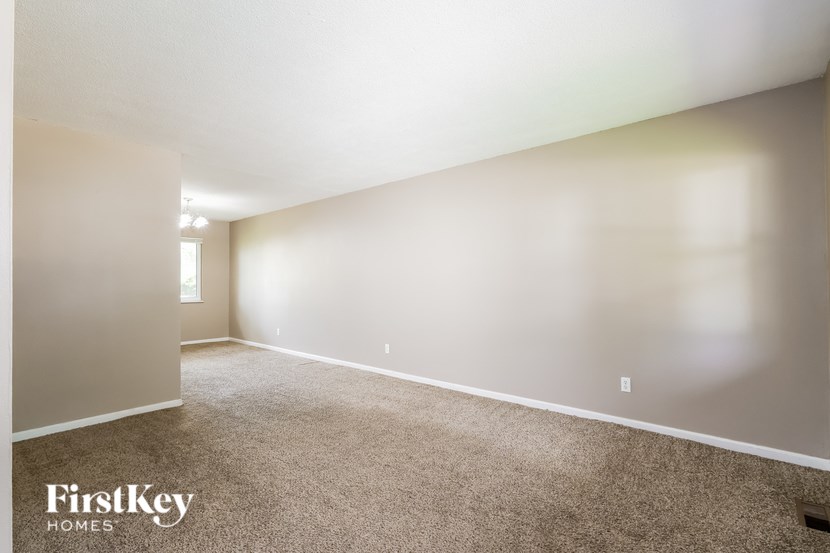 A spacious room with a carpeted floor and white walls, with a window on the left side.