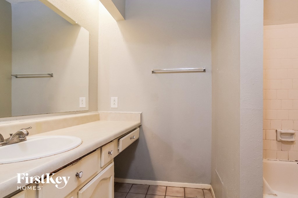 a bathroom with a sink and a mirror and a shower