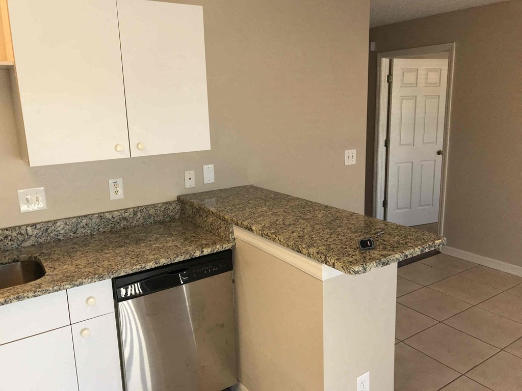 A kitchen with a granite countertop and a dishwasher.
