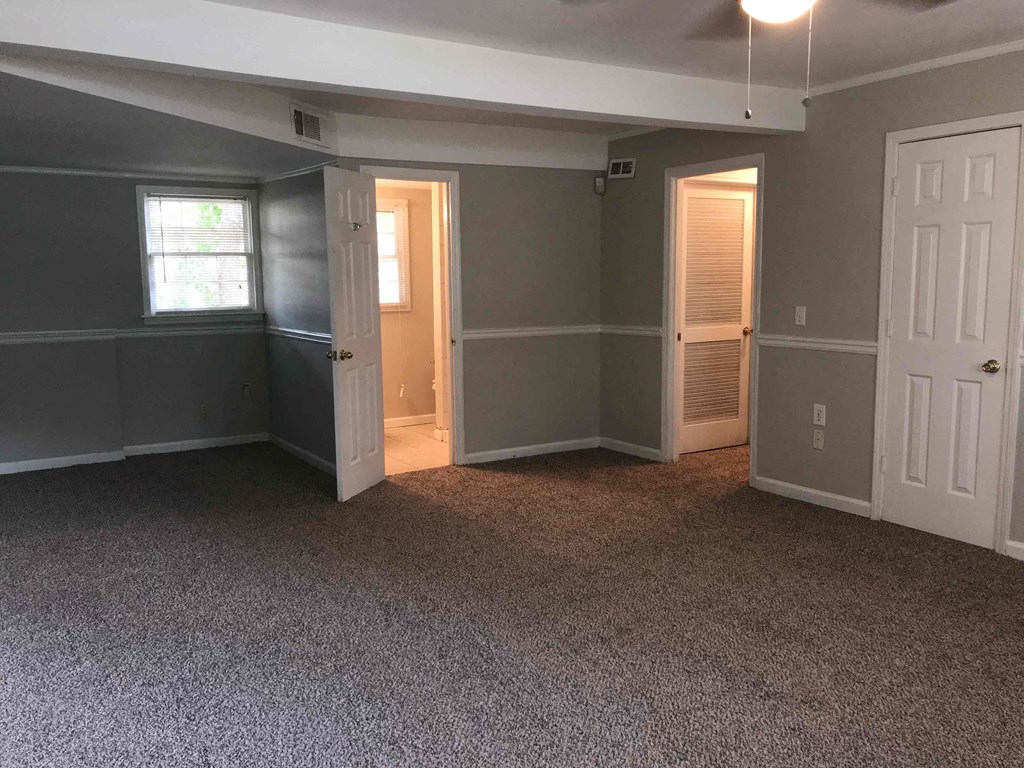 A room with grey walls and carpeted floor with two open doors.